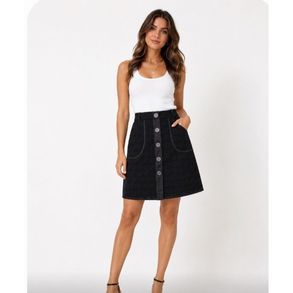 Worthington Women's Black Eyelet Lace Button Front A-Line Skirt Cotton Size 8